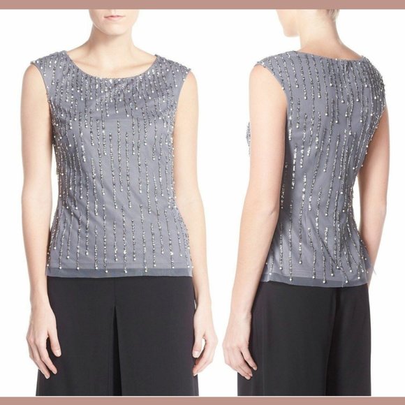 NEW $148 Adrianna Papell Pearl Embellished‎ Mesh Top in Grey [SZ 14 ] - Picture 1 of 6